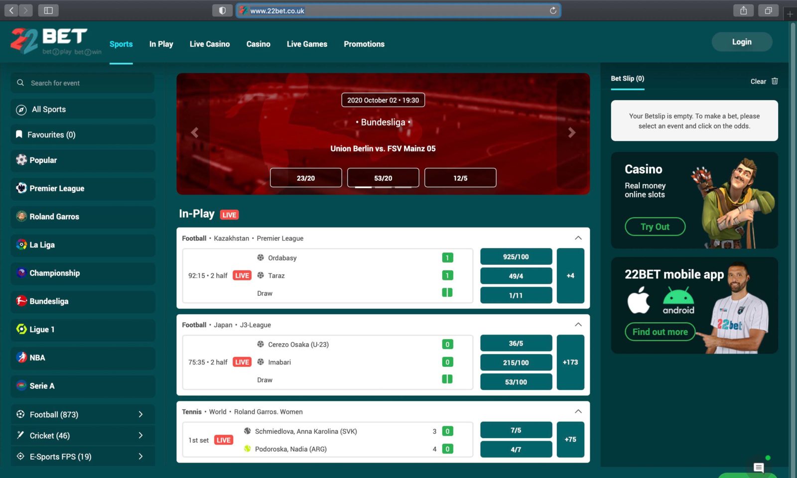 Screenshot of 22bet.co.uk