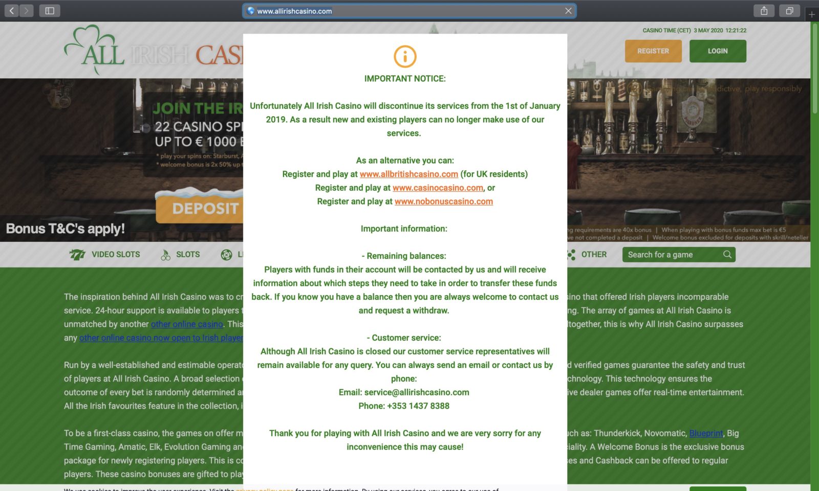 Screenshot of allirishcasino.com