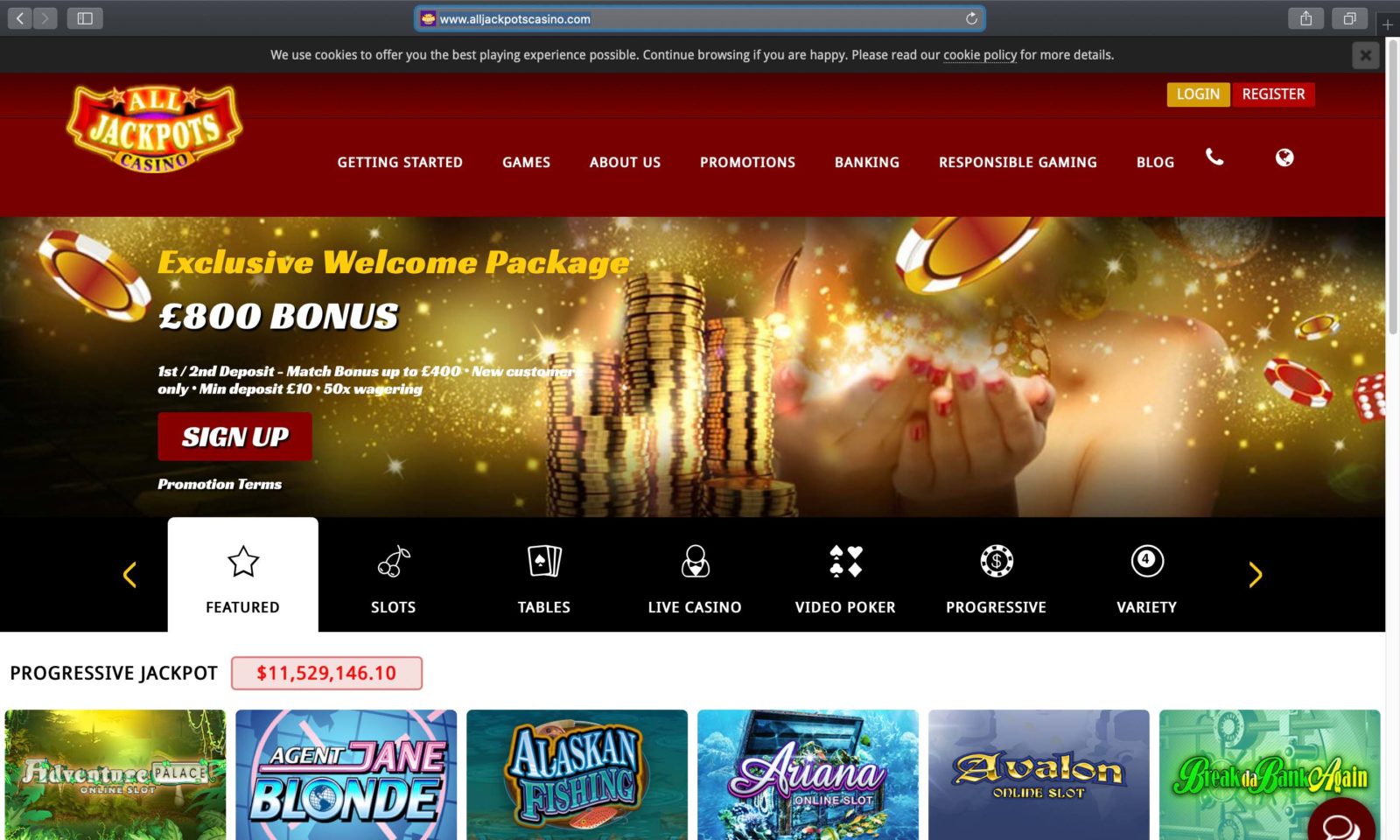 Screenshot of alljackpotscasino.com