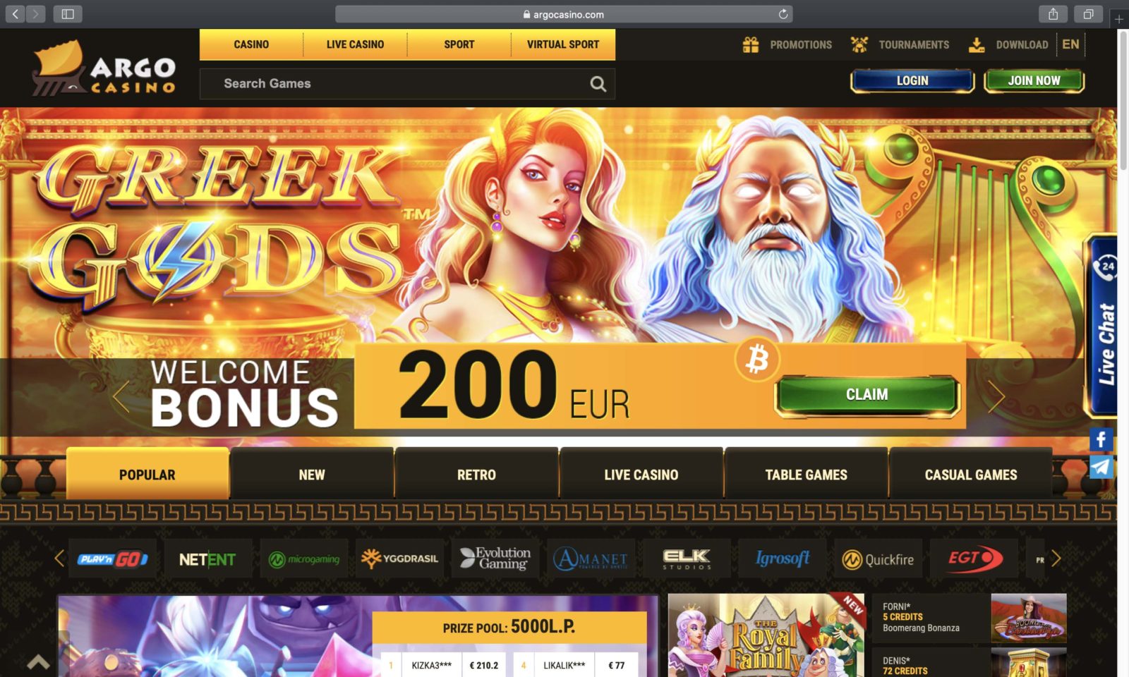 Screenshot of argocasino.com