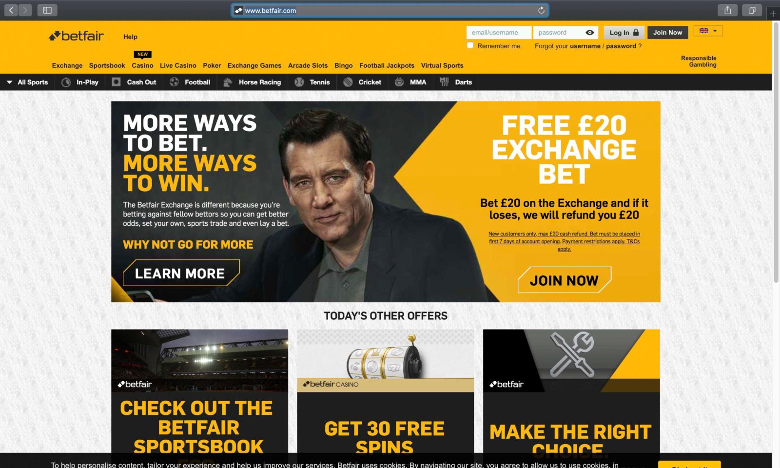 Screenshot of betfair.com