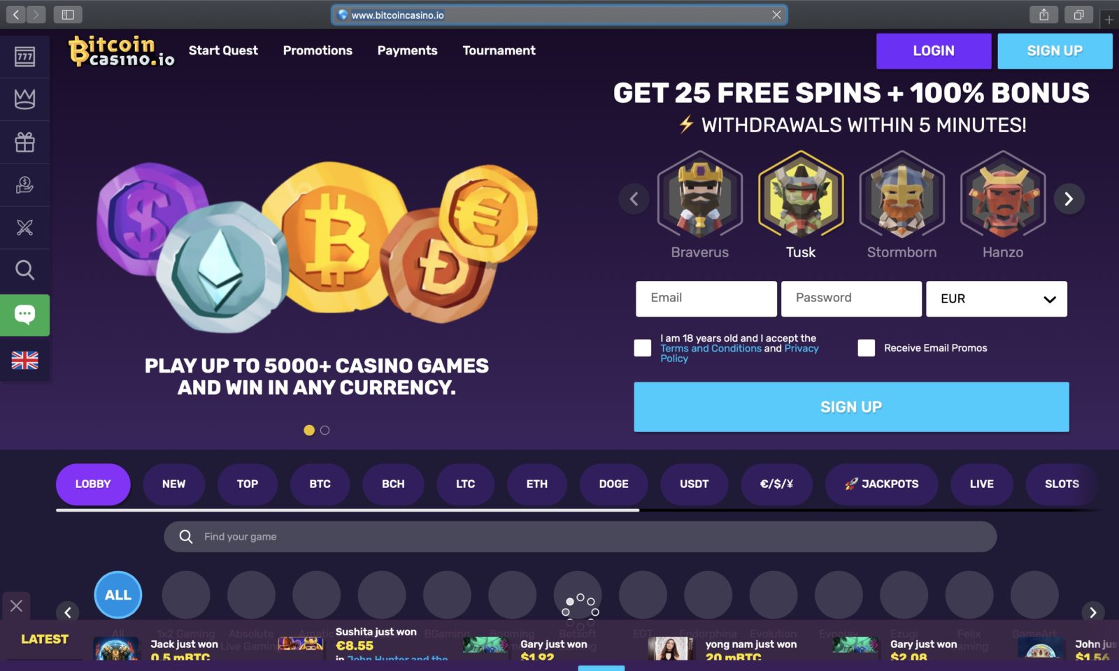 Screenshot of bitcoincasino.io