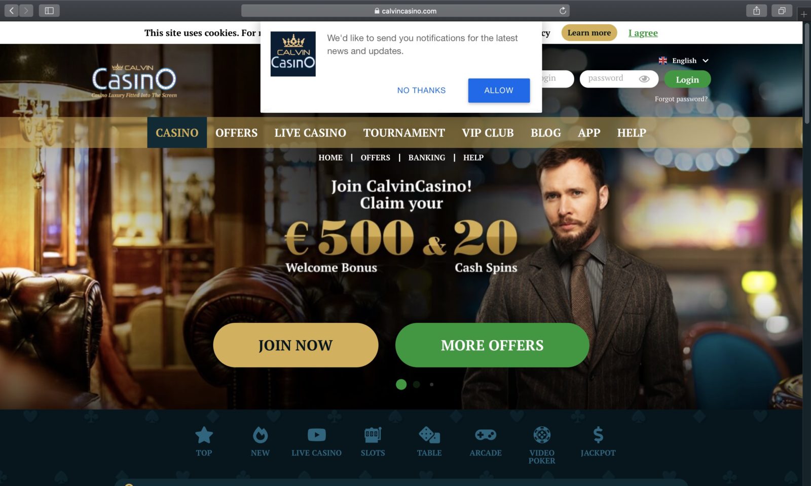 Screenshot of calvincasino.com