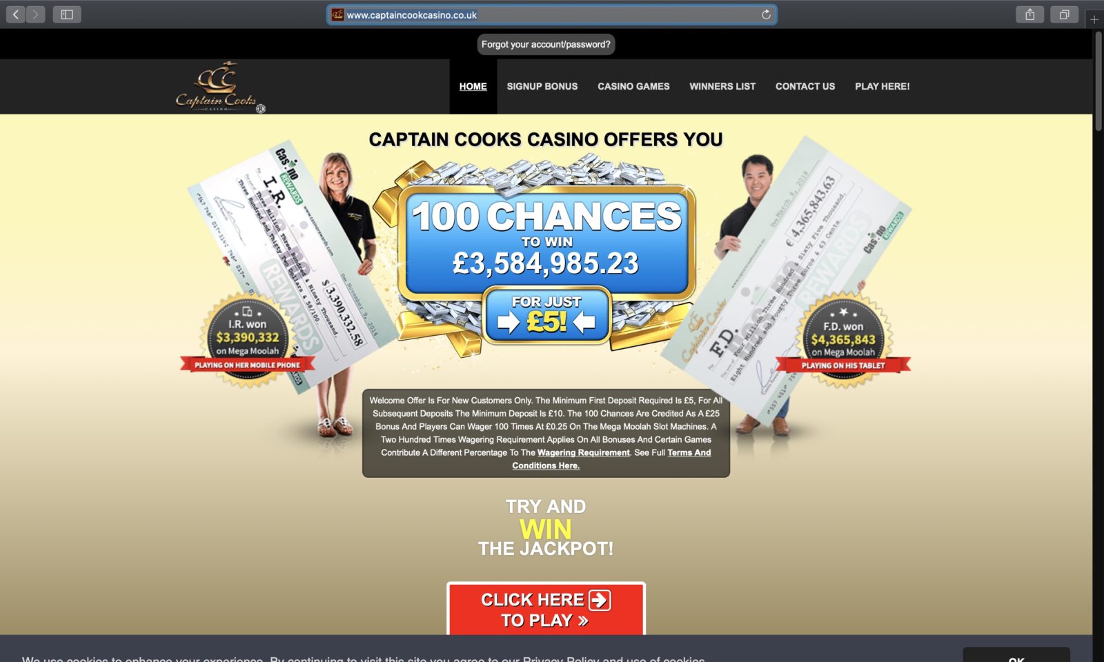 Screenshot of captaincookcasino.co.uk