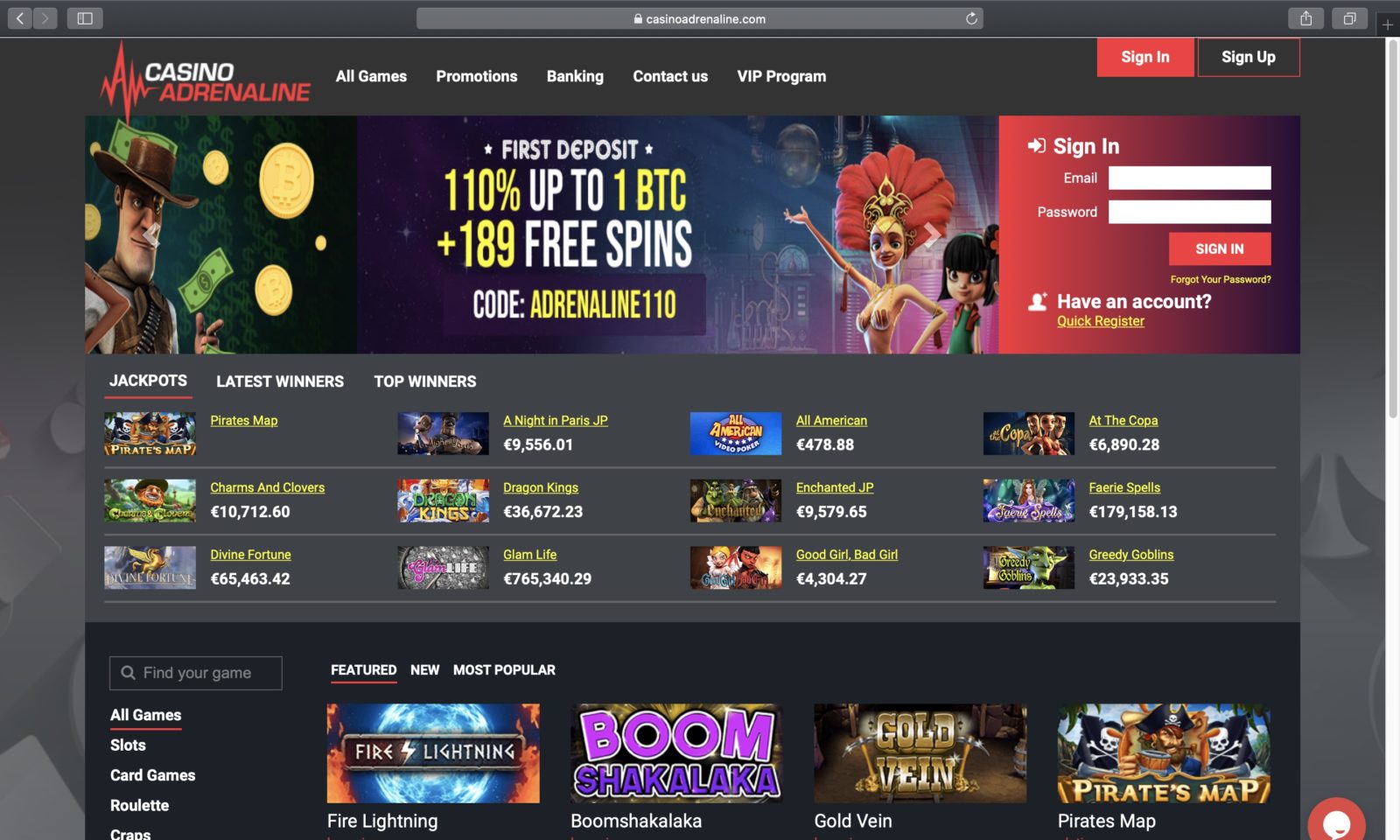 Screenshot of casinoadrenaline.com