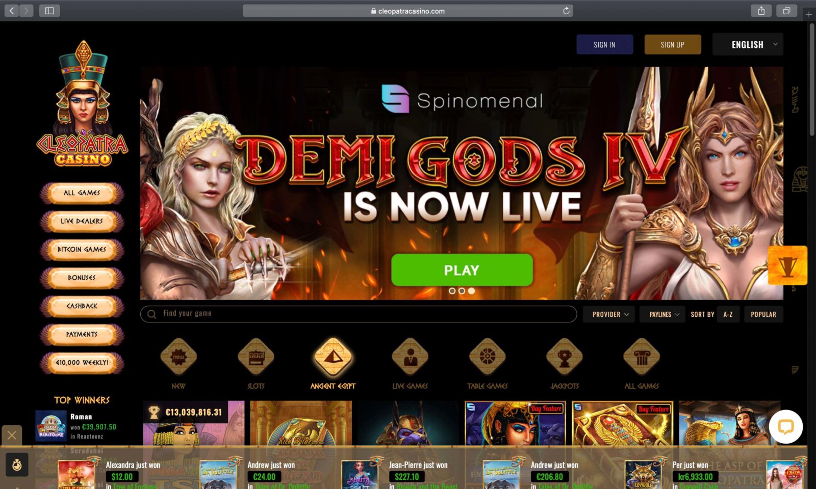 Screenshot of cleopatracasino.com