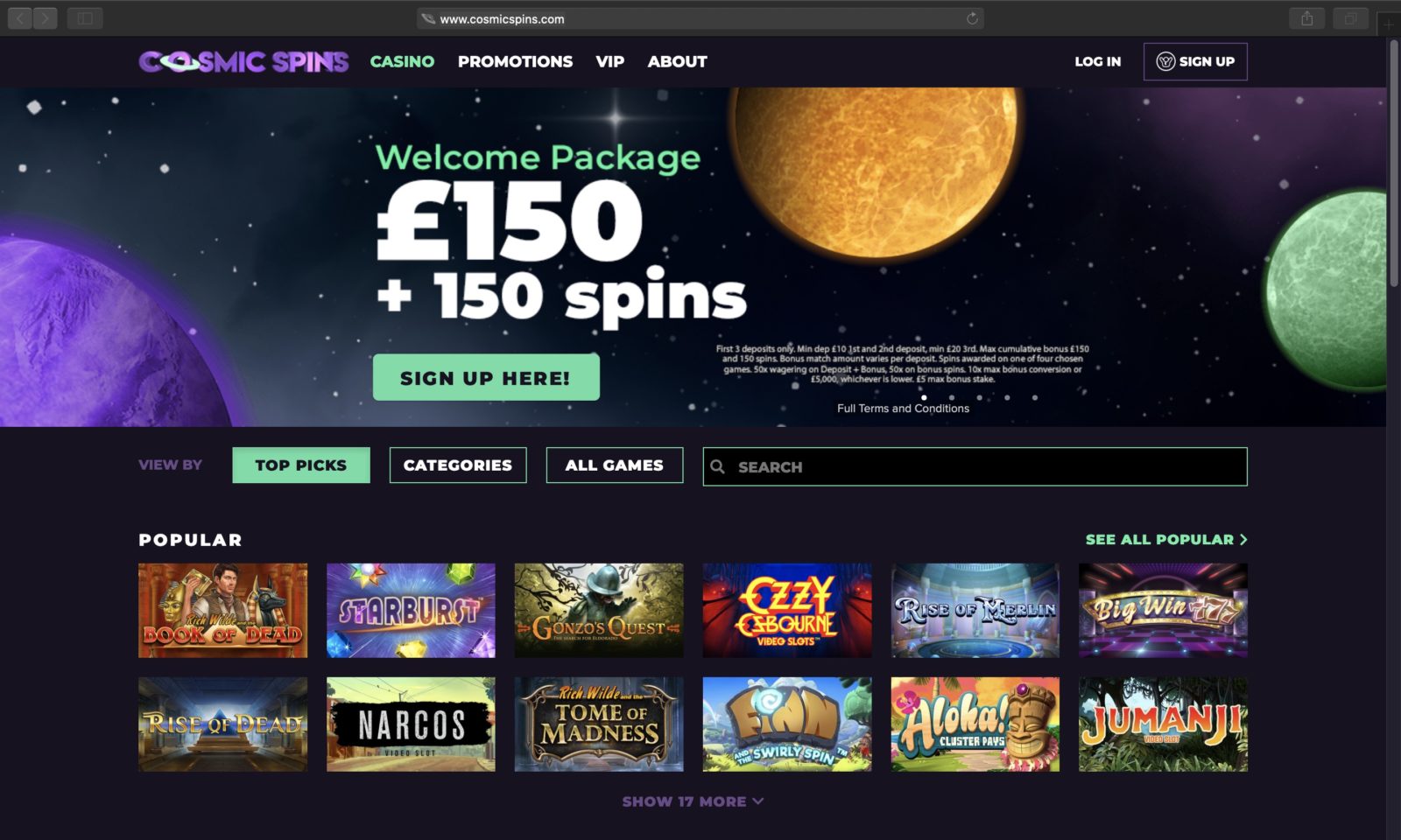 Screenshot of cosmicspins.com