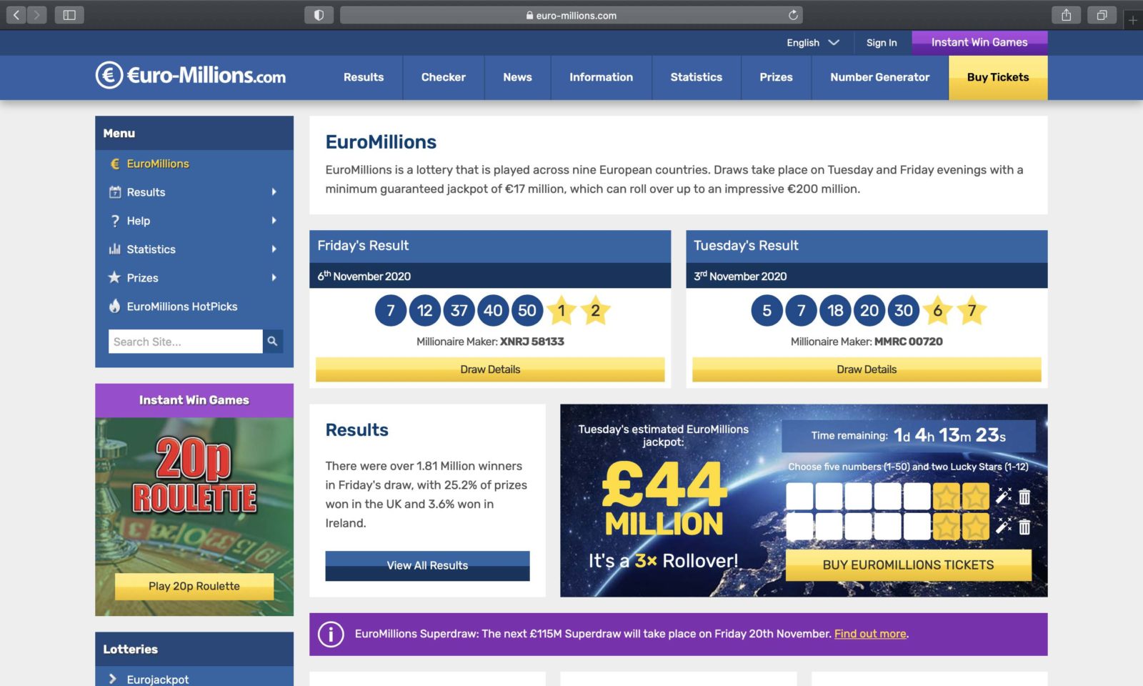 Screenshot of euro-millions.com