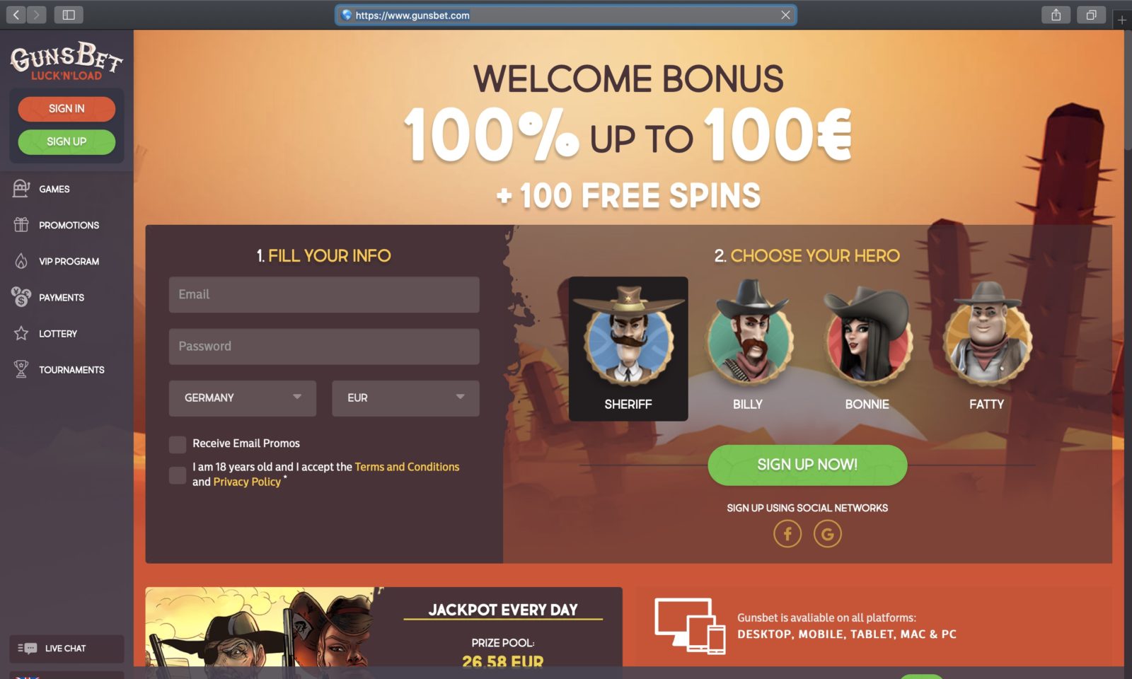 Screenshot of gunsbet.com