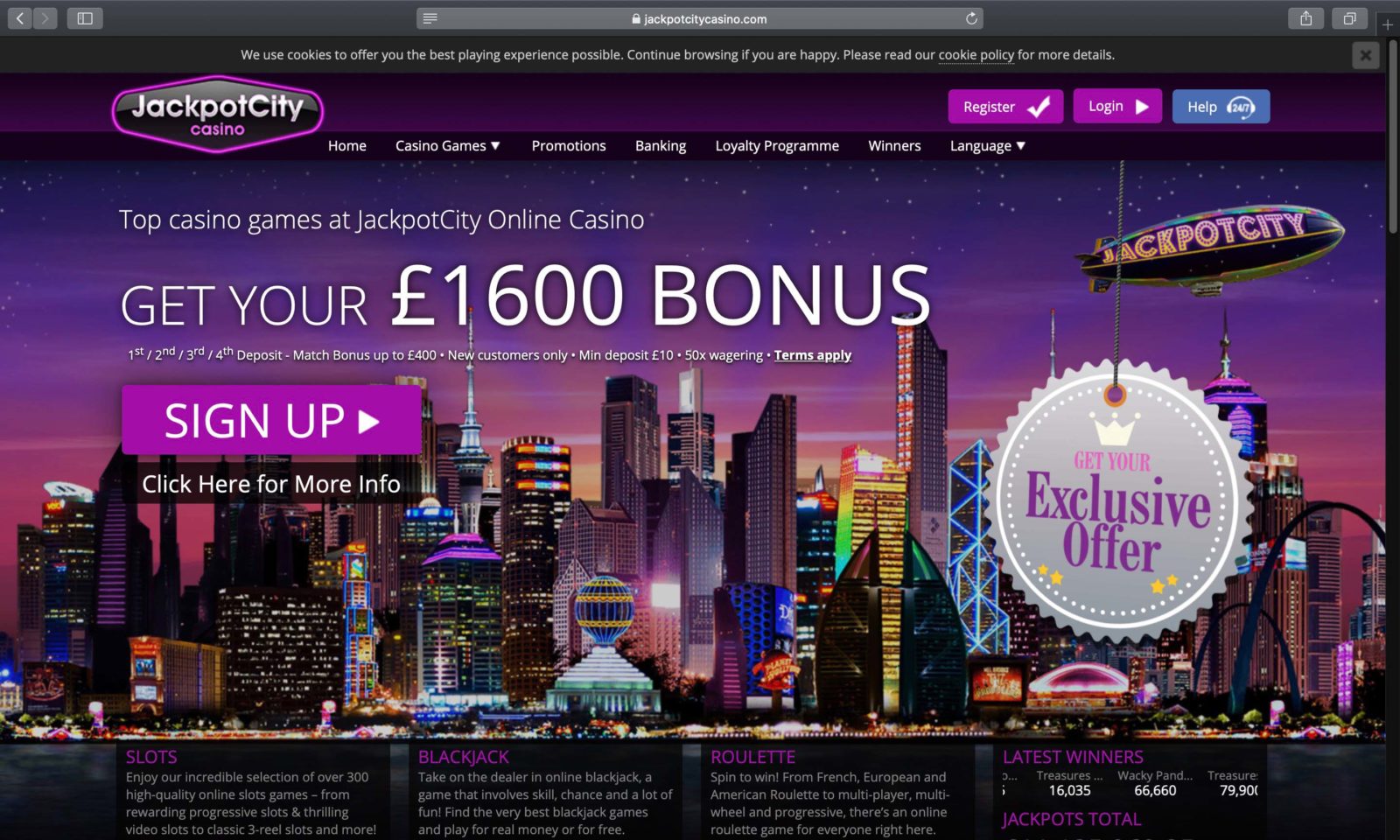 Screenshot of jackpotcitycasino.co.uk