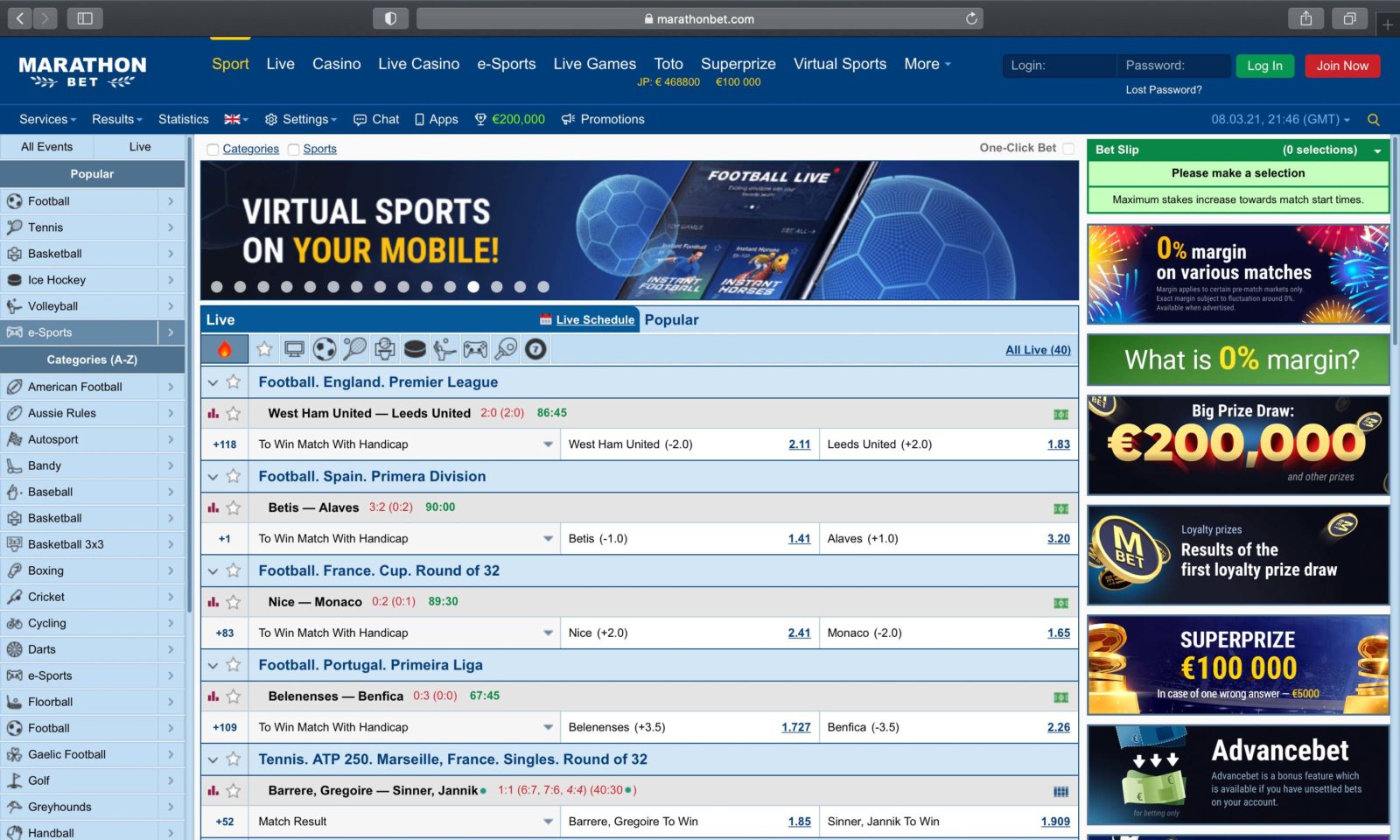 Screenshot of marathonbet.es