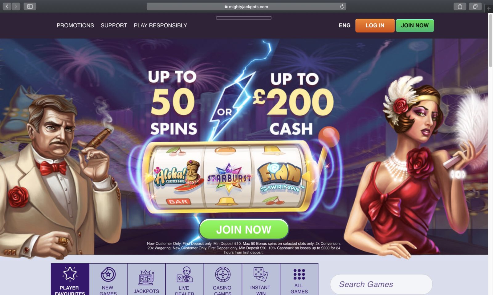 Screenshot of mightyjackpots.com