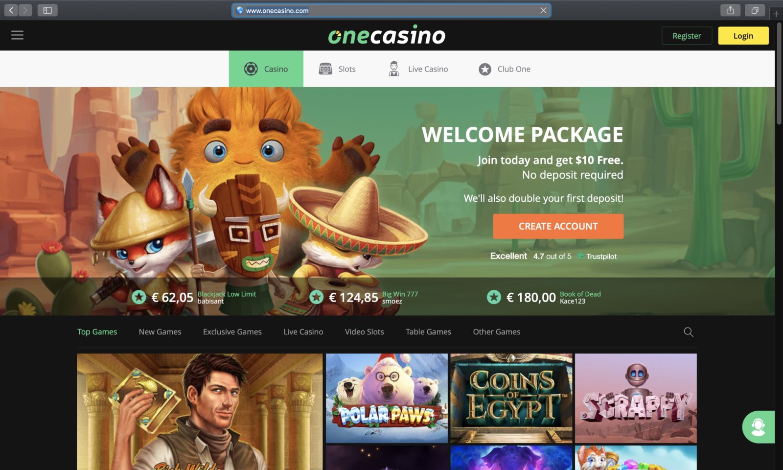 Screenshot of onecasino.com