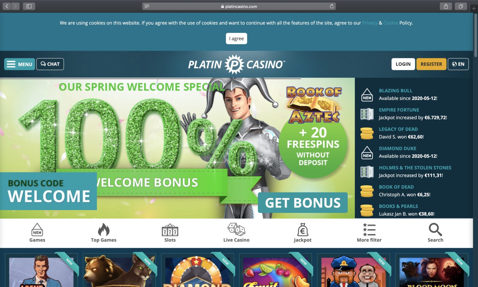 Screenshot of platincasino.com