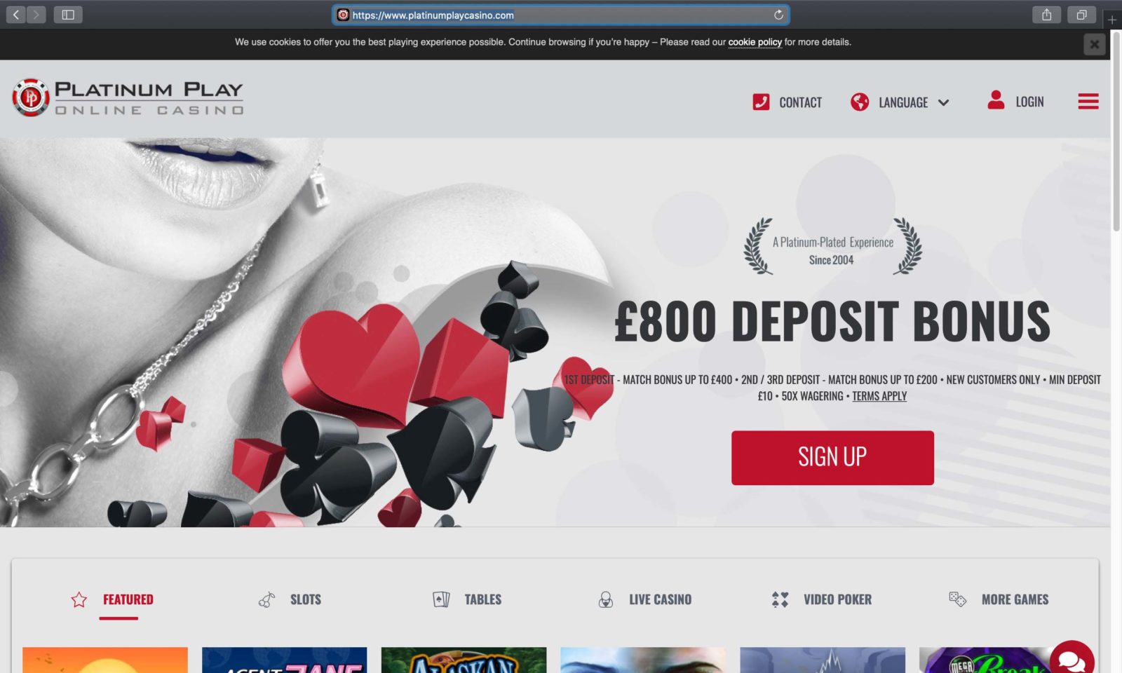 Screenshot of platinumplaycasino.com