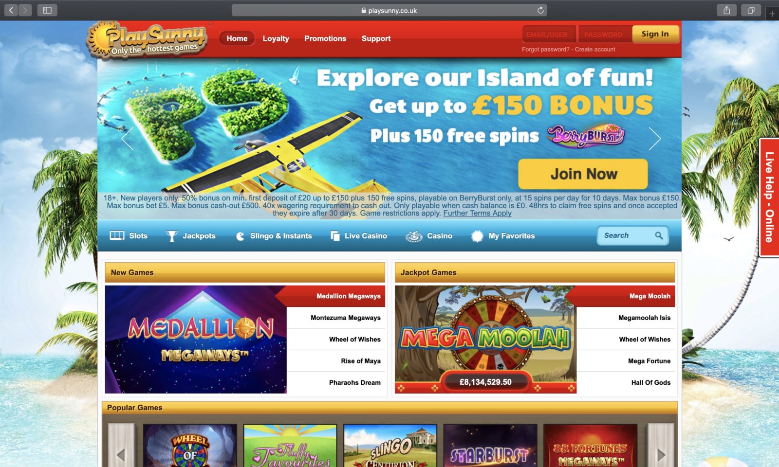 Screenshot of playsunny.co.uk