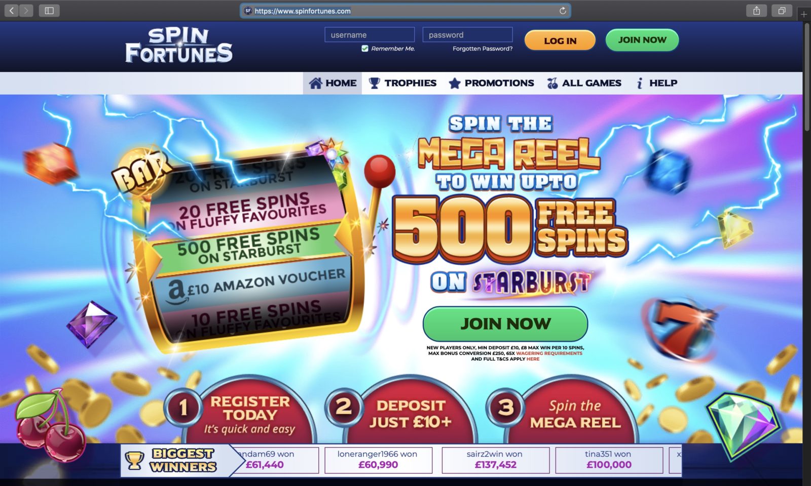 Screenshot of spinfortunes.com