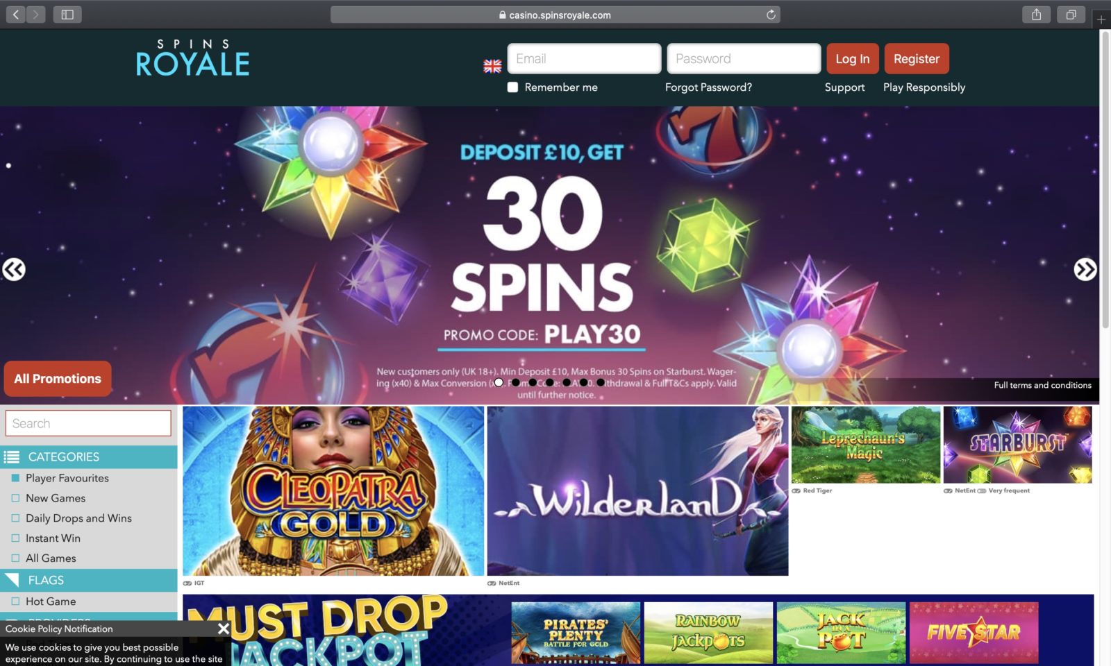 Screenshot of spinsroyale.com