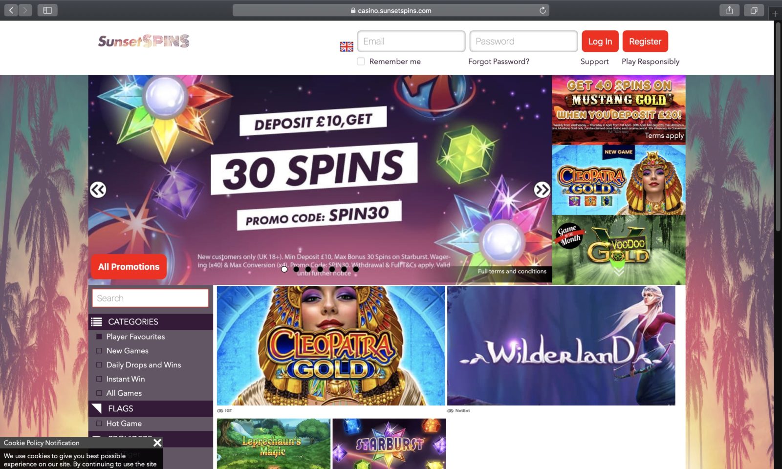 Screenshot of sunsetspins.com