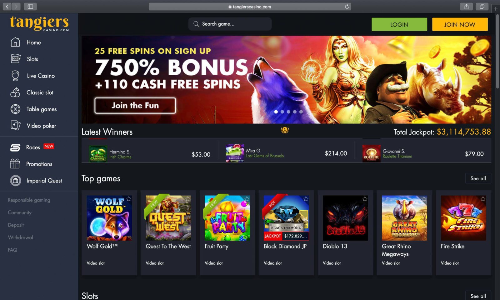 Screenshot of tangierscasino.com