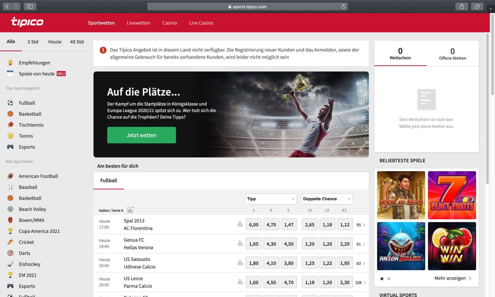 Screenshot of tipico.com