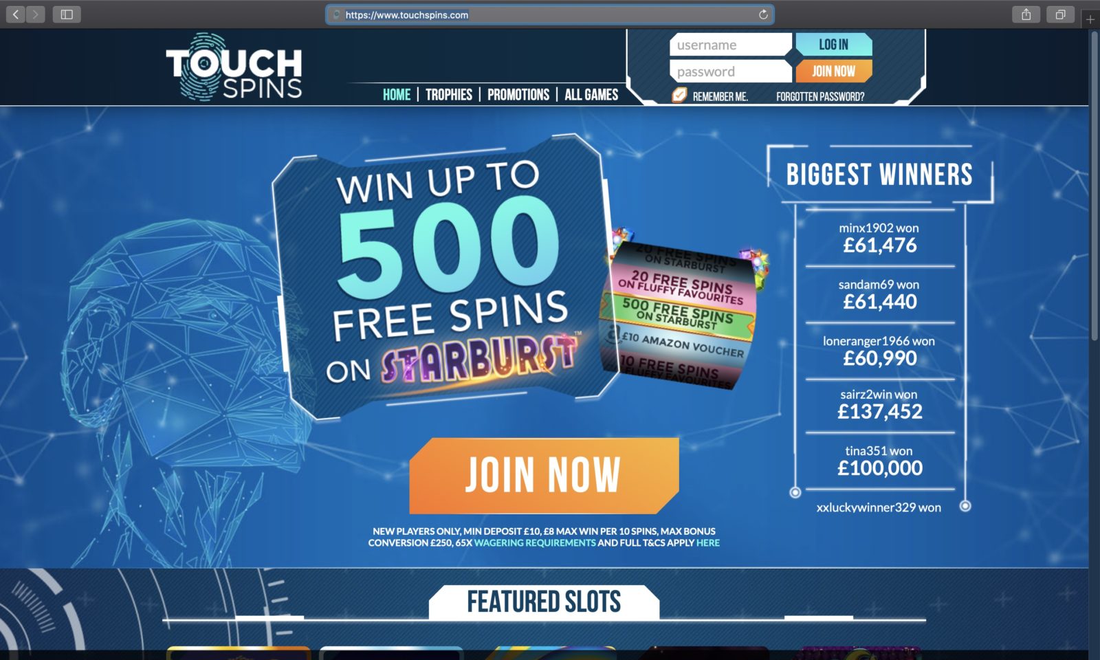 Screenshot of touchspins.com